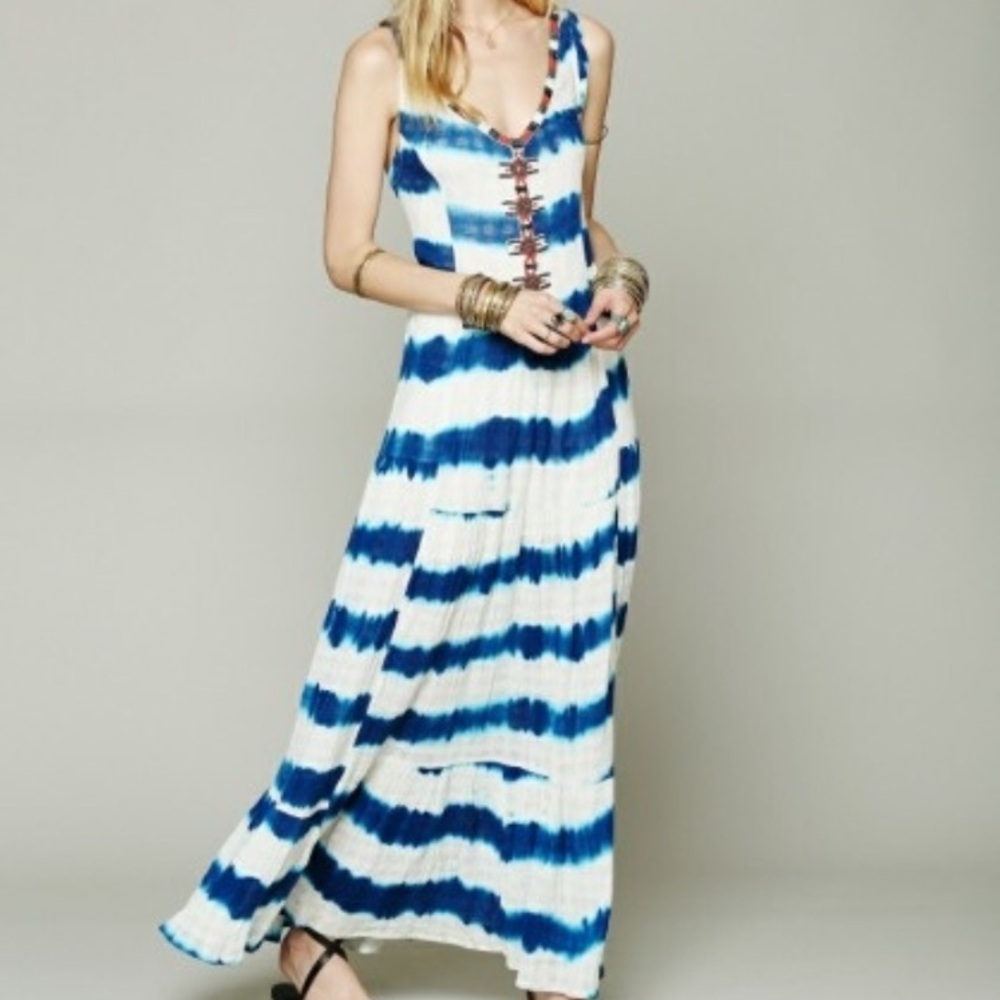 Free People Blue and White Tie-Dye Maxi Dress
